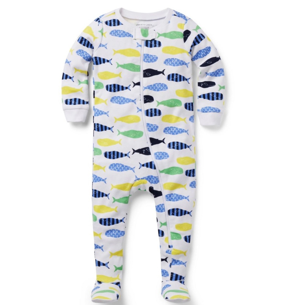 Janie and Jack White Footed Pajamas with Blue, Green & Yellow Fish Print